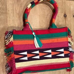 Nalini colorful woven Boho fringe tassel purse weekender bag southwestern aztec